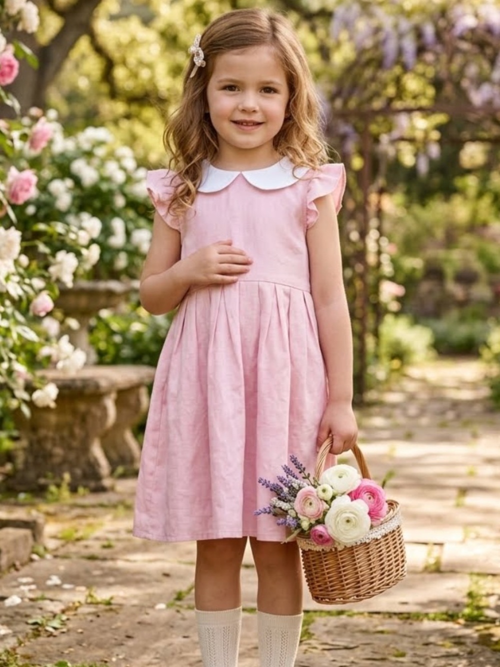 Mon Caramel Linen Blend Pink Peter Pan Collar Girls' Dress Ruffle Sleeves Sz 4T